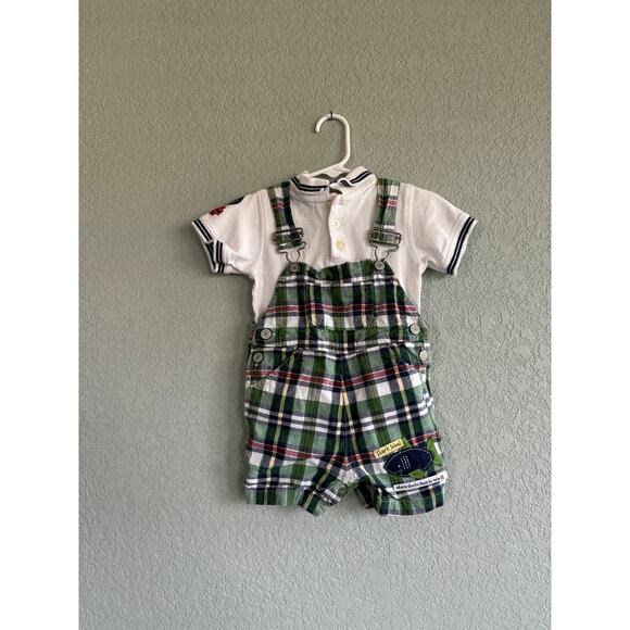 Carters 12 month boy Overall Shorts Shortall Outfit Polo Shirt Vintage Plaid - Picture 1 of 7